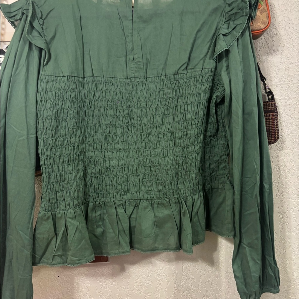 ASOS Green Puff Sleeve Smocked Blouse - Picture 2 of 3